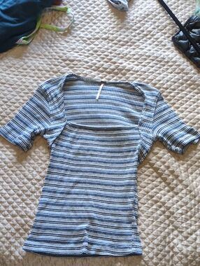 Free People Blue and White Square-Neck Striped Short Sleeve Top